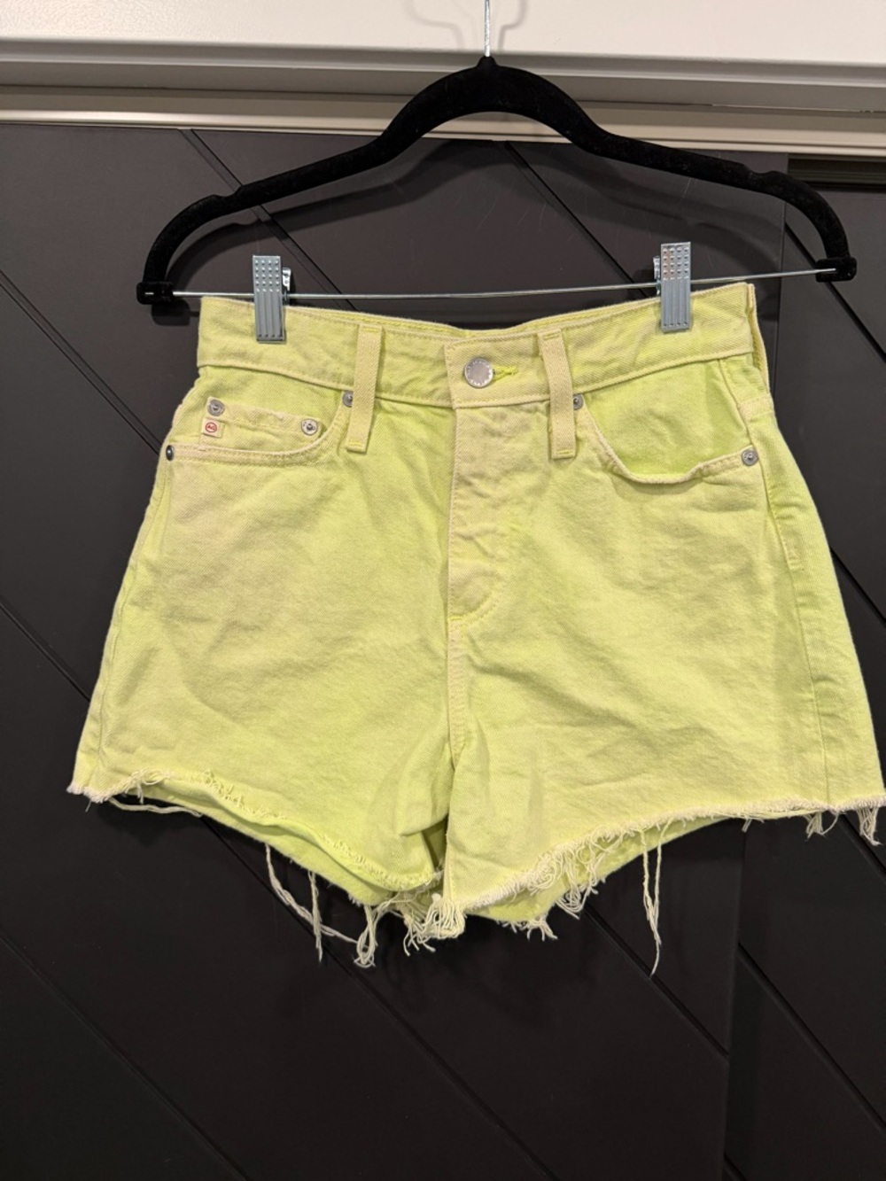 AG High-Waist Distressed Lime Green Denim Shorts 24